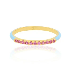 0.14 Ct Blue Enamel Synthetic Pink Sapphire Ring Engagement Gift 14k Yellow Gold - Picture 1 of 8