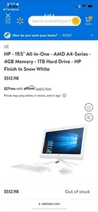 HP 19.5” All In One AMD A4 Series 4GB Memory 1TB Hard Drive HP Finish Snow White - Picture 1 of 4