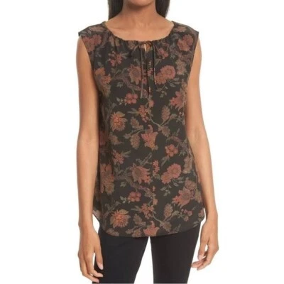 Blusa Top Theory Estampado Floral Oscuro 100% Seda Crepé Sin Mangas S Corbata Frontal Usada en Excelente Condición Foto 1 de 4