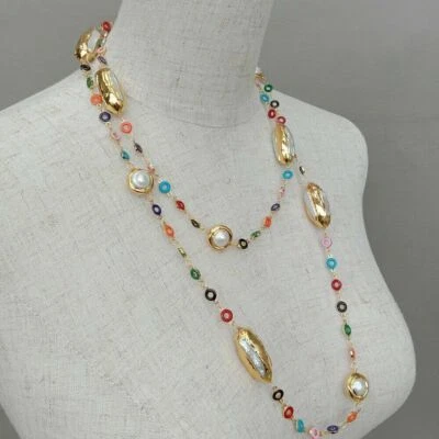 Colar longo corrente anel esmalte multicolorido pérola Keshi branca cultivada 46" - Imagem 1 de 4
