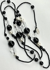 Crystal Black Onyx SUNYA CURRIE Necklace Glass Beads 38" Long Signed Faceted - Picture 1 of 6