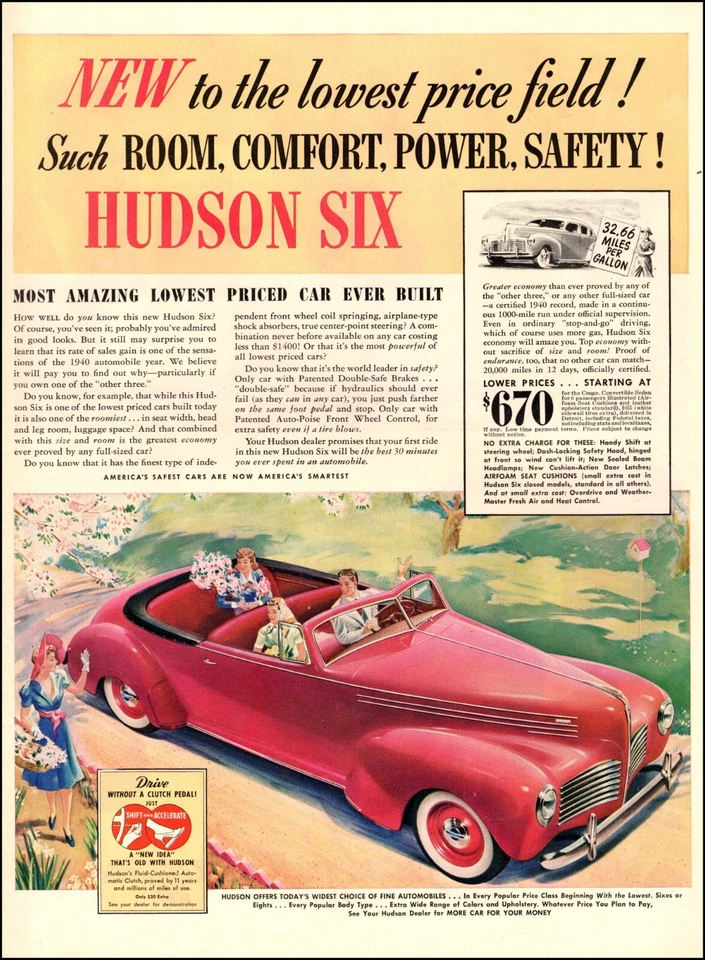1940 Classic Car Ad '40 HUDSON SIX , Red Convertible  Snazzy! 041824 - Image 1 of 1