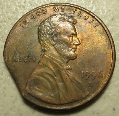 1996 D Lincoln Memorial Cent Clipped Planchet Mint Error - Image 1 of 2