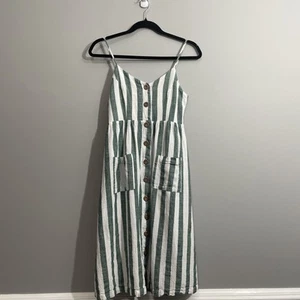 Kleid Lulus XS grün gestreift Leinenmischung mit Taschen ärmellos Freizeit Sommer - Bild 1 von 12