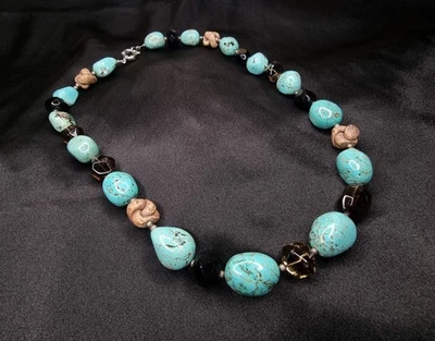 Handcrafted Turquoise Beaded Necklace With Brown Accents & Sterling Silver Clasp - Image 1 of 4