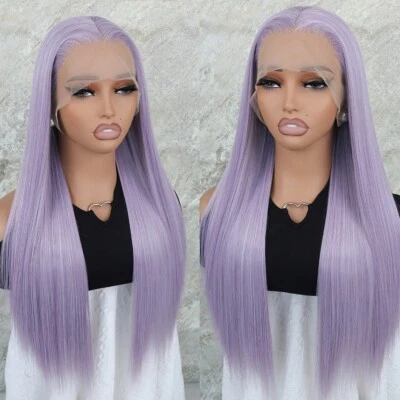 Long Straight Synthetic Lace Front Wig Heat Safe Natural Purple Hair Pre Plucked - Image 1 of 4