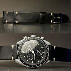 20mm Handmade Glossy Black Genuine Leather Watch Strap for Vintage Moonwatch