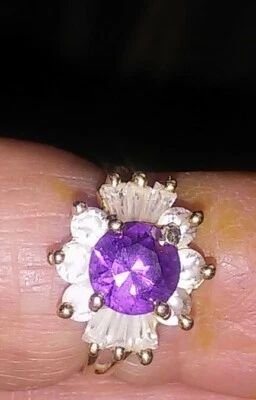 14k Yellow Gold Simulated Amethyst White CZ Ladies February Cluster Ring((B90)) - Image 1 of 4