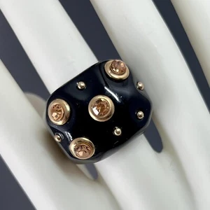 Chunky Lucite Ring Black Gold Studded Crystal Rhinestone 7.5 Runway Statement - Picture 1 of 11