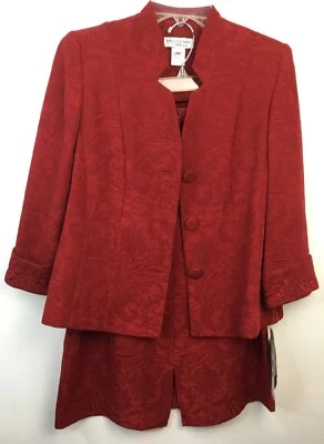 Miss Dorby Petite Woman's Embroidered 3/4 Sleeve Red 8P 2 Piece Skirt Set - Image 1 of 4