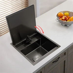 Hidden Kitchen Bar Sink Single Bowl w/Folding Faucet+ Drain+ Lid Stainless Steel - Afbeelding 1 van 17