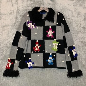 Karen Scott Women Patchwork Winter Snowman Fringe Wacky Cardigan Sweater M - Picture 1 of 12