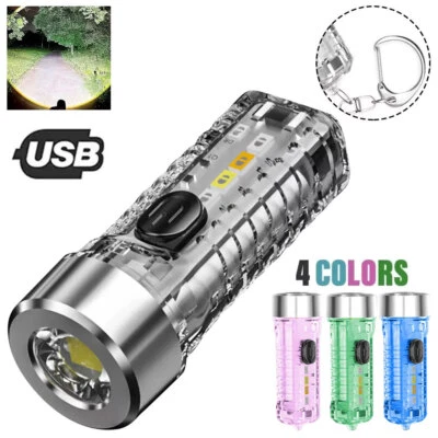 Mini LED Flashlight Torch USB Rechargeable Side Yellow/Blue/Red Light Keychain - Image 1 of 4