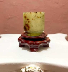 Gorgeous Vintage Chinese Collectible Jade Cup Brush Washer with Wooden Stand - Picture 1 of 9