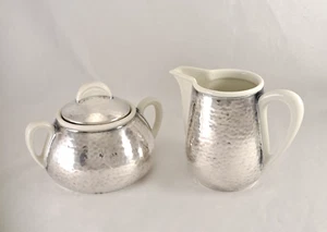 WMF BAUHAUS Hammered Silverplate on Porcelain Large Creamer & Sugar Bowl w/Lid - Picture 1 of 8