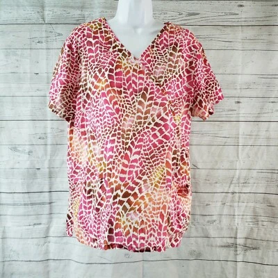 Baby Phat Womens Scrub Top Sz Large Pink White Short Sleeve V-Neck Cotton - Image 1 of 4