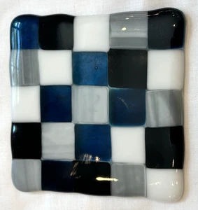 Fused glass hand made coasters, black/blue/white squares, 4 x 4 inch, set of 4 - Picture 1 of 5