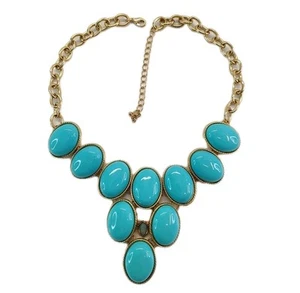 Gold Tone Blue Faux Turquoise Oval Bib Style Statement Necklace Pretty Statement - Picture 1 of 12
