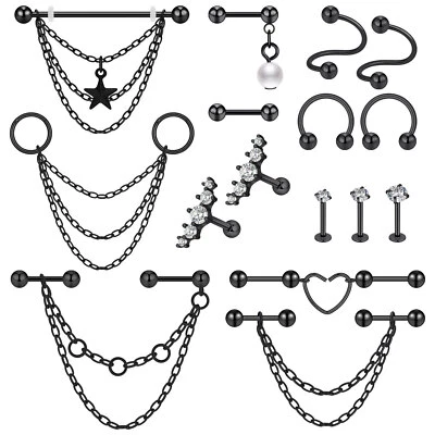 6-16PCS Chain Industrial Barbell Surgical Steel Scaffold Bar Earrings 14G 16G US - Image 1 of 4