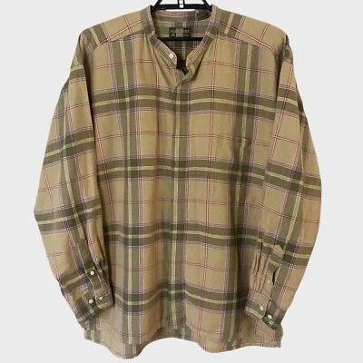 Vintage Structure Linen Plaid Shirt Mens XL Mandarin Collar Brown Long Sleeve - Image 1 of 4