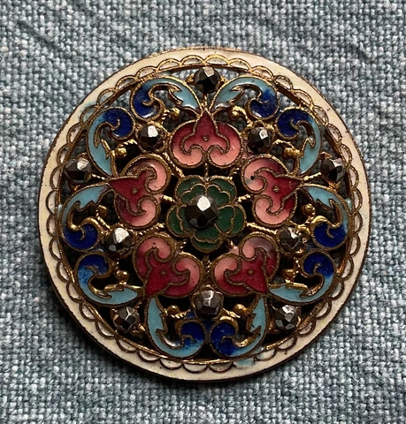 Antique Victorian Button - Floral Enamel Open Work Metal Cut Steels 1 3/16” Cover