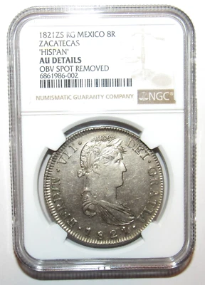 Mexico 1821 Zs RG 8 Reales Zacatecas Royalist Coinage KM# 111.5 NGC AU DETAILS - Image 1 of 4