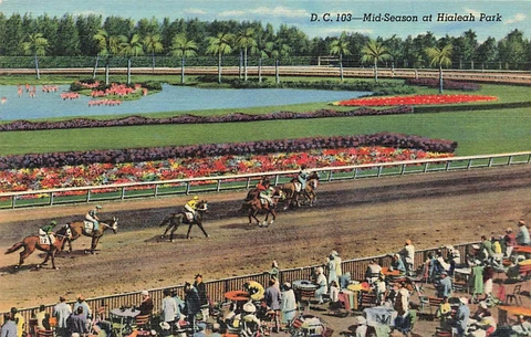 Postcard Mid Season at Hialeah Park Horse Race Crowd Scene Linen P13 Cover
