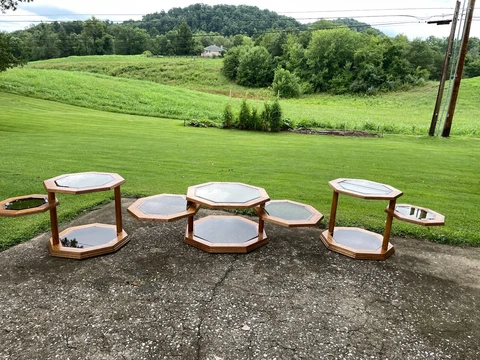 RARE  Octagonal Late Mid-Century Modern/70s Solid Oak/Smoke Glass Tables Swivel Cover