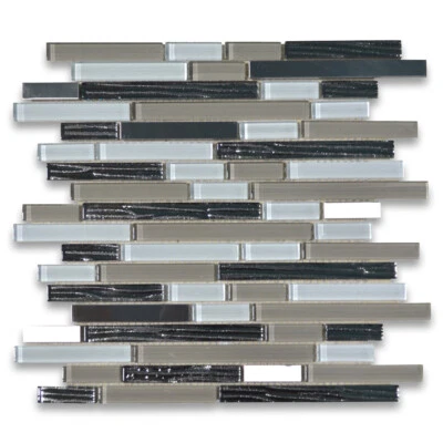 Azulejo de mosaico de vidrio A77007 beige blanco vidrio electrochapado negro acero inoxidable Foto 1 de 4