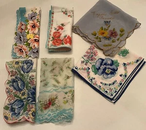 Vintage Ladies Hankerchiefs Lot Of 6 SHADES OF BLUE TONES FLORAL - Picture 1 of 15