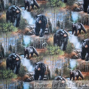 BonEful Fabric FQ Cotton Quilt Scenic Forest Woods Black Bear Nature Blue Sky MI - Picture 1 of 12