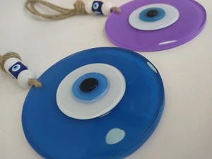 Blue and Purple Evil Eyes 12cm Glass Bead Set of 2 Pendant Charm Turkish Decor  - Picture 1 of 6