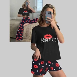 Nodless Women's 3 Piece Pajama Set Short Sleeve Sleepwear Pj  Top/Pants/Shorts - Picture 1 of 6