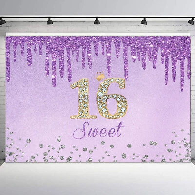10x8ft Purple and Silver Happy 16th Birthday Vinyl Backdrop Photo Background - Image 1 of 4