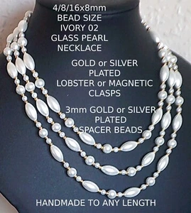 4,8,16x8mm IVORY 02 +3G/S glass pearl necklace CHOICE OF LENTHS & CLASPS - Picture 1 of 8