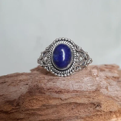 925 Argento Sterling Lapislazzuli Gemma Design Artigianale Donna Anello - Immagine 1 di 4
