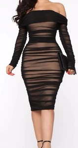 NWT FASHION NOVA Runched Off The  Shoulder  MIDI Dress Sz Large - Picture 1 of 5