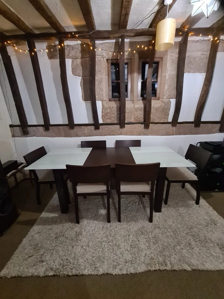 Ligne Roset Dark Wood and Milk Glass Extending Dining Table With 6 Chairs - Image 1 of 4