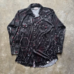 Vintage 70s H Bar C Shirt Large Pearl Snap Polyester Atomic Print MCM Black - Picture 1 of 7