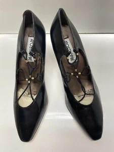Apostrophe Leather Retro Classy Black Leather Heels Bungee Stretch Detail 6.5M - Picture 1 of 11