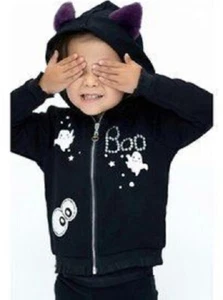 👻 TRULY ME SARA SARA Rhinestone BOO Fur Ear Ghost Zip Hoody Jacket Halloween 4 - Picture 1 of 11