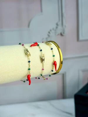 Pulsera Cornicello Italiana Oro Sólido 14k, Cuerno Rojo, Buona Fortuna Cornuto 6.5" Foto 1 de 4