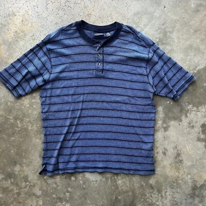 Vintage 90s Grunge Oversized Black Blue Striped Henley Boxy T Shirt Large - Picture 1 of 5