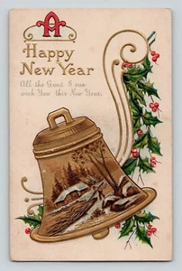 Felicitación de Año Nuevo Campana Dorada Acebo y Bayas Wilmington DE Cancelar 1913 Postal - Imagen 1 de 2