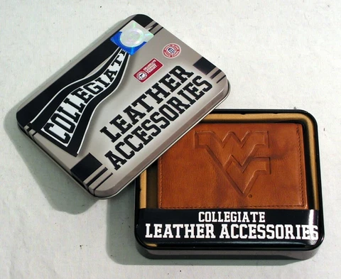 W Virginia Mountaineers Embossed Brown Leather Trifold Wallet NEW in Gift Tin Cover