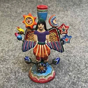 Mexican Potter Candleholder POTTERY Tree of Life Lady Sun Moon VINTAGE Mexico - Picture 1 of 6