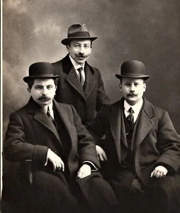 THREE FASHIONABLE MEN : ONE FEDORA AND TWO BOWLERS : PRIVATE STUDIO : RPPC - Picture 1 of 3
