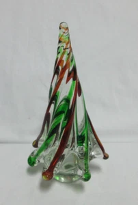 Árbol de Navidad estilo Murano de vidrio artístico verde transparente/rojo remolino 8" pesado - Imagen 1 de 4