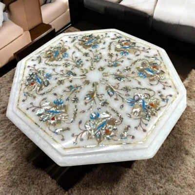 Luxury White Marble Coffee Table - Semi-Precious Floral Inlay Art for Gifts Her - Image 1 of 4