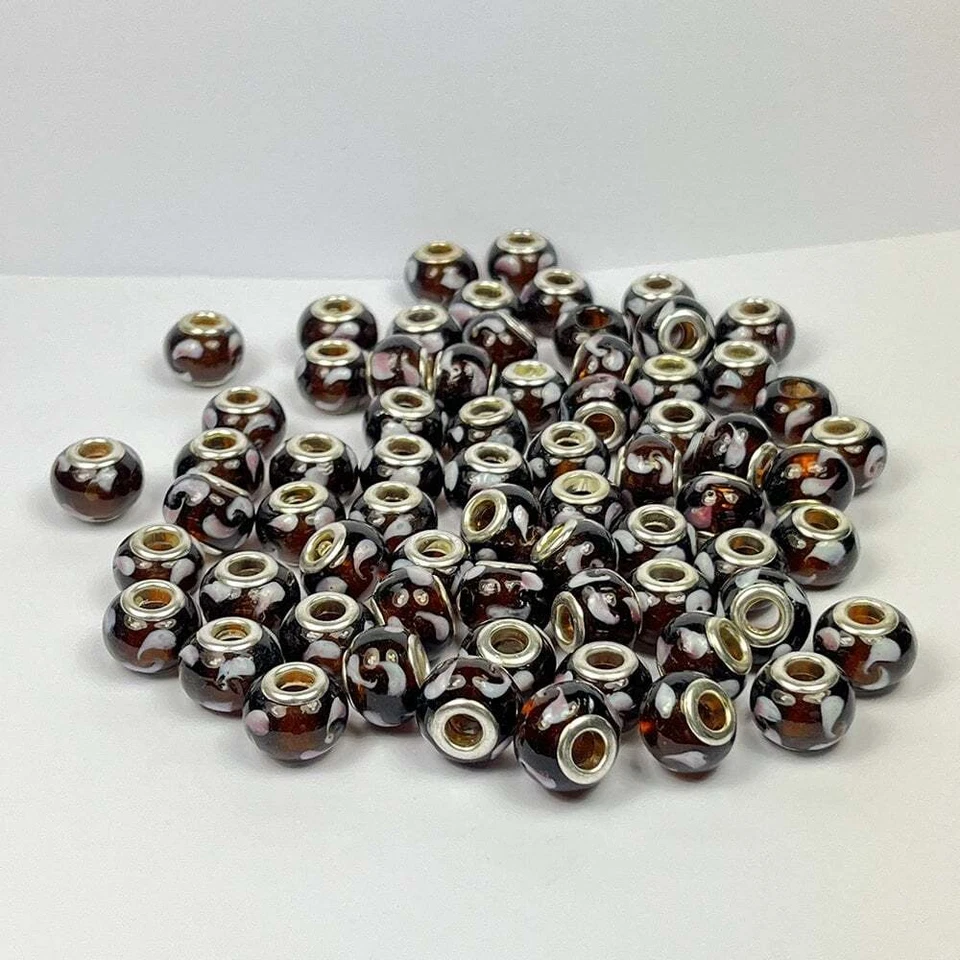 Venetian Lampwork Rondelles - Dark Amber/White 14mm - Pack of 12 - Image 1 of 1